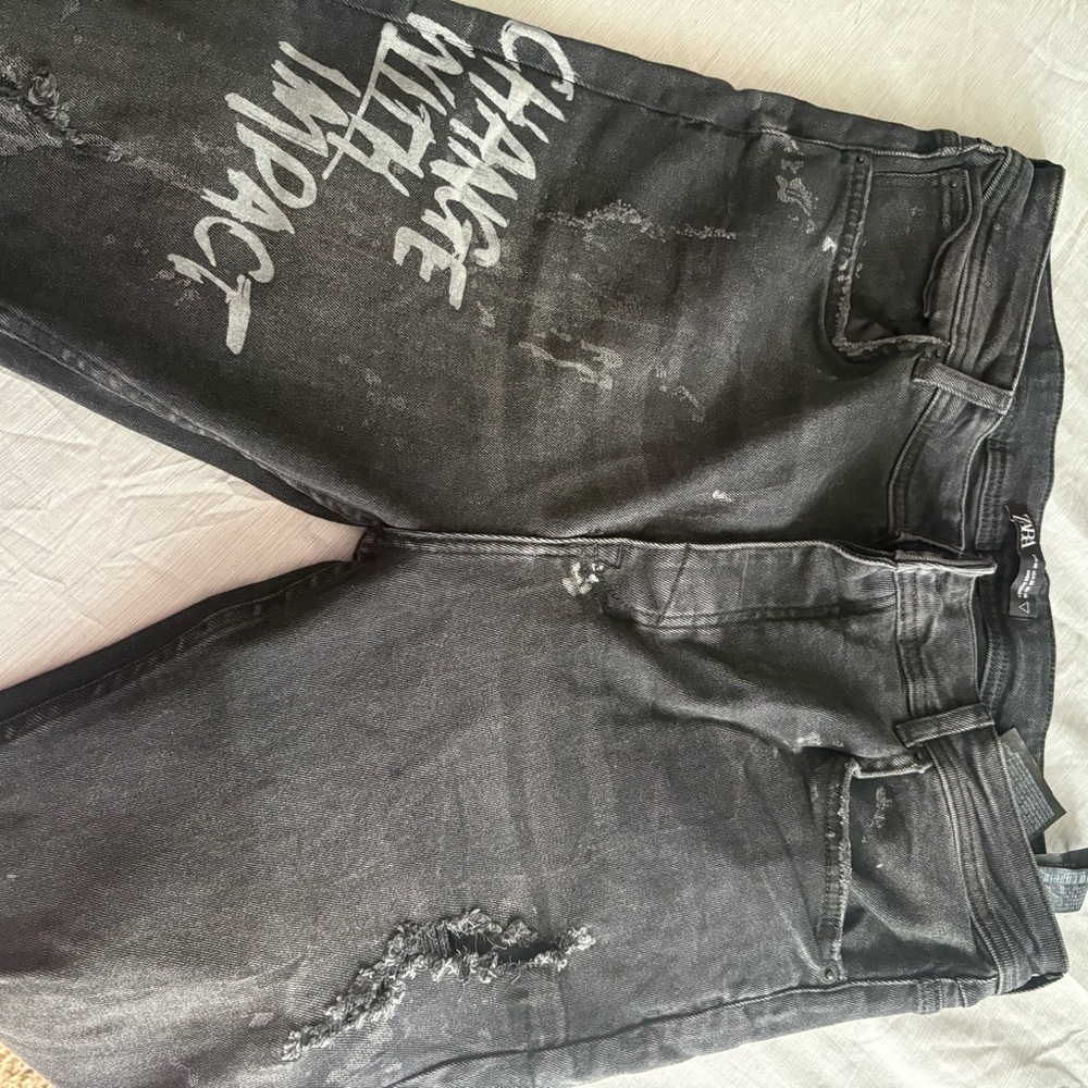 Zara Black Washed Denim Jeans with White Label Detail